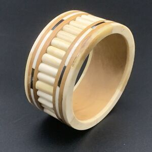 Vintage Bovine Bone & Wood Panel Wide Bangle Bracelet Cream Tan Black White